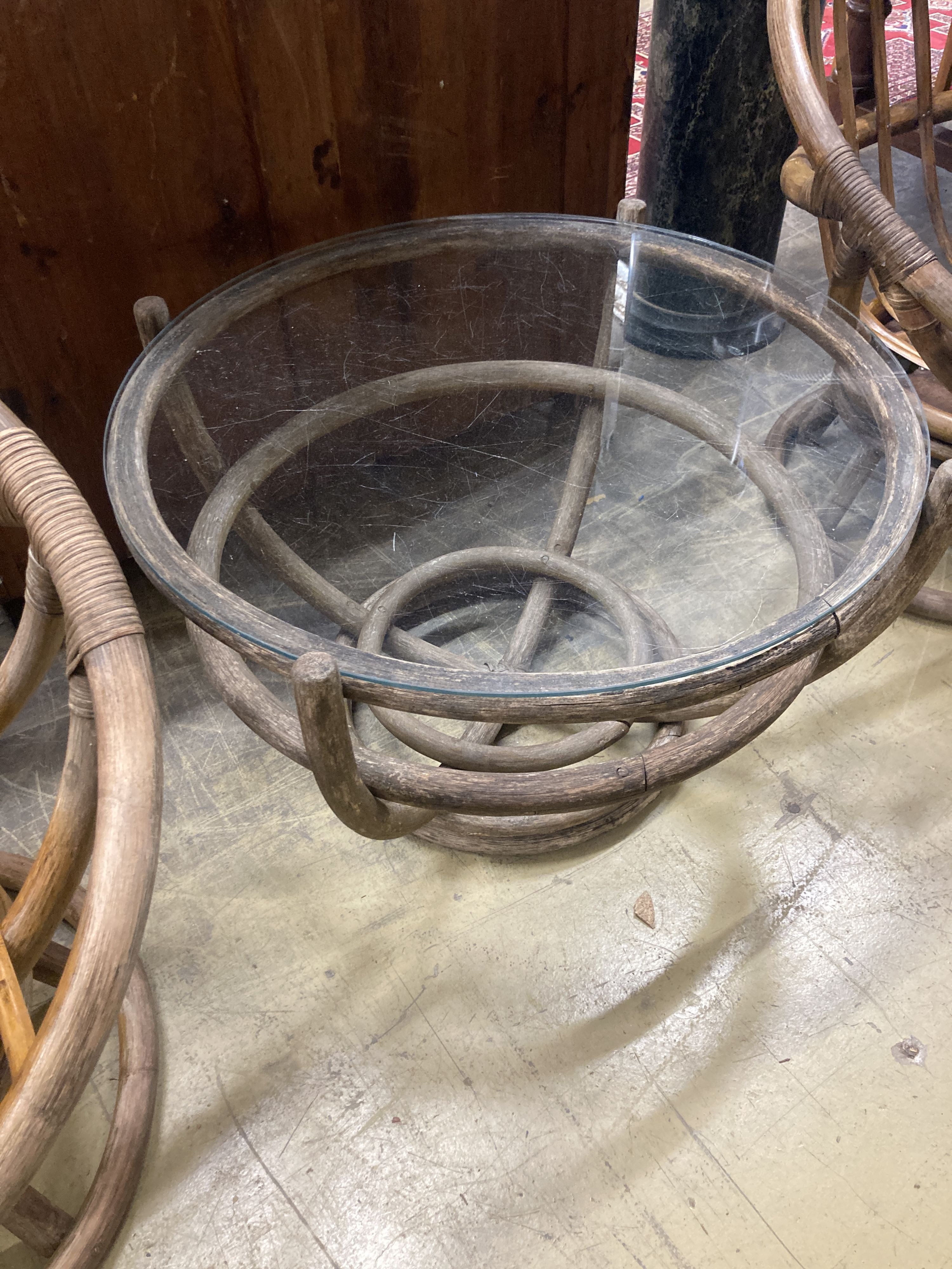 A pair of 1970's Angraves bamboo chairs and an occasional table, 76cm diameter